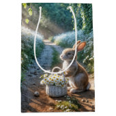 誕生日バニーと白いデイジー ミディアムペーパーバッグ (正面)