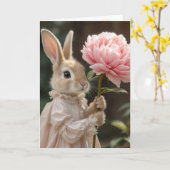 誕生日バニーピンク牡丹を保持 カード (黄色い花)