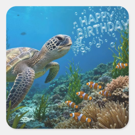誕生日バブルと海ガメ スクエアシール (正面)