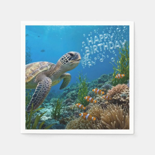 誕生日バブルと海ガメ スタンダードカクテルナプキン (正面)