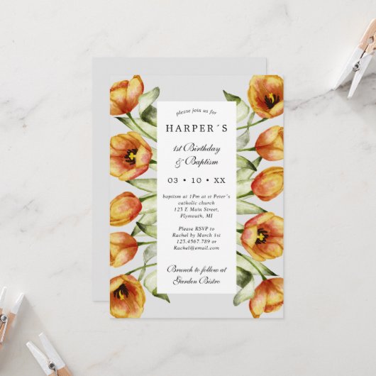 誕生日バプテスマの春の花とチューリップ 招待状 (正面/裏面インサイチュ)