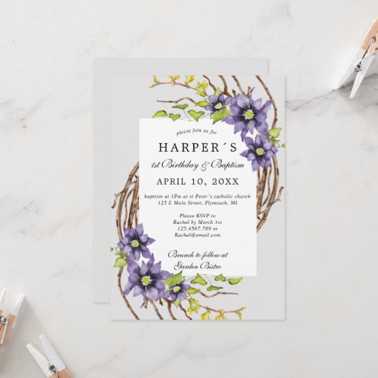 誕生日バプテスマの春の花と裸小枝 招待状 (正面/裏面インサイチュ)