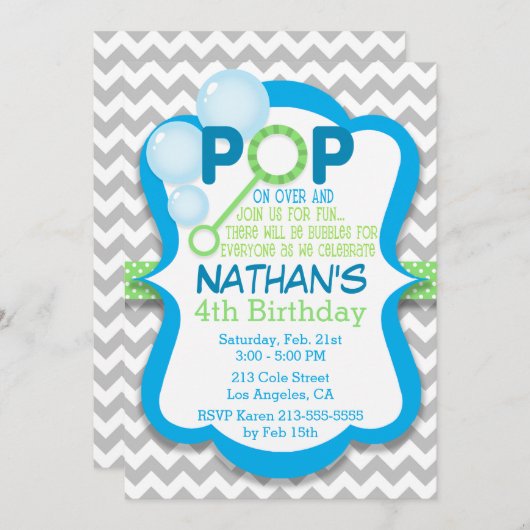 誕生日バポップ・アートのブルブルー&グリーンパーティの招待状 招待状 (正面/裏面)