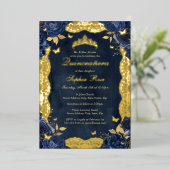 誕生日バラレースバタフライ金ゴールドネイビーキンセアニェラ 箔招待状 (立ち正面)