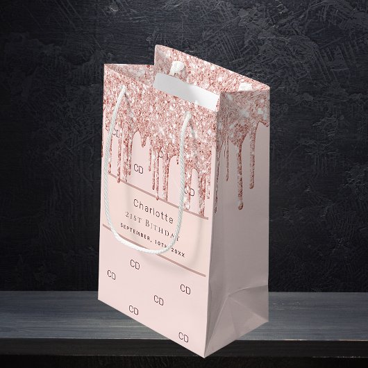 誕生日バラ金ゴールドグリッターカスタムモノグラムモダン スモールペーパーバッグ