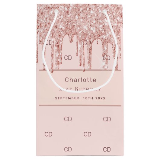 誕生日バラ金ゴールドグリッターカスタムモノグラムモダン スモールペーパーバッグ (裏面)