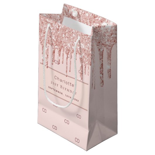 誕生日バラ金ゴールドグリッターカスタムモノグラムモダン スモールペーパーバッグ (正面アングル)