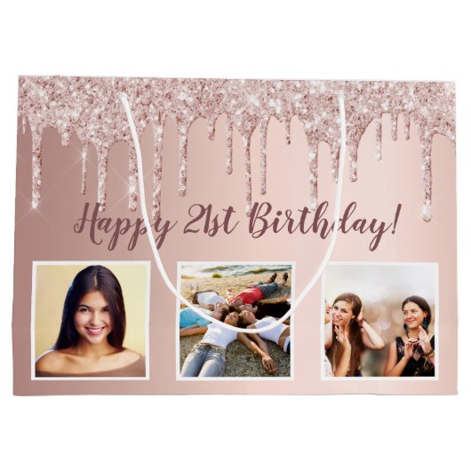 誕生日バラ金ゴールドグリッタードライカスタムプ写真 ラージペーパーバッグ (裏面)