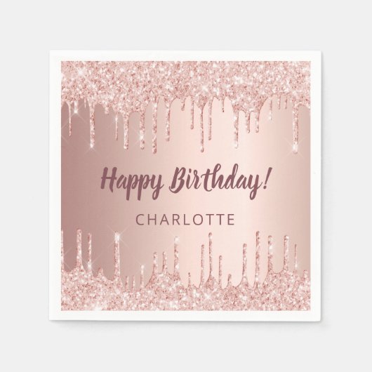 誕生日バラ金ゴールドグリッタードライブ名 スタンダードカクテルナプキン (正面)