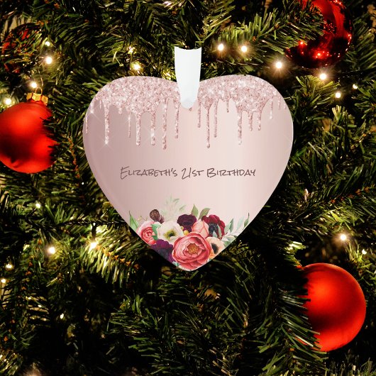 誕生日バラ金ゴールドグリッタードリップピンクの花 オーナメント