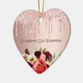 誕生日バラ金ゴールドグリッタードリップピンク花模様 セラミックオーナメント (左)