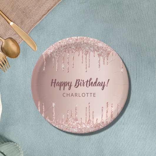 誕生日バラ金ゴールドグリッタードリップモノグラムラグジュアリー ペーパープレート