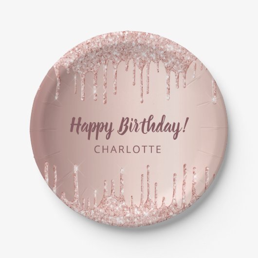 誕生日バラ金ゴールドグリッタードリップモノグラムラグジュアリー ペーパープレート (正面)