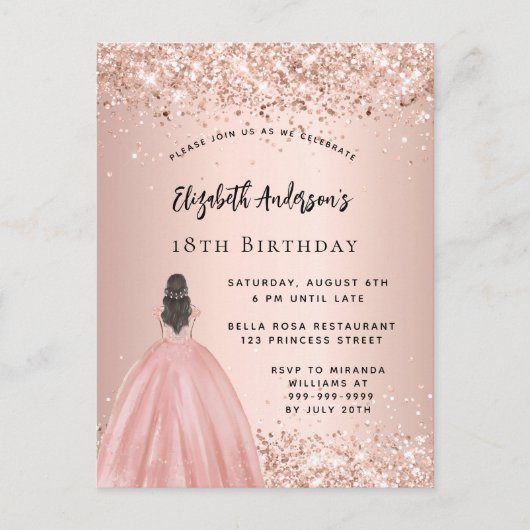 誕生日バラ金ゴールドグリッタードレス インビテーションポストカード (正面)