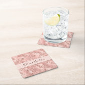 誕生日バラ金ゴールドグリッターピンク花模様モノグラム スクエアペーパーコースター (インサイチュ)