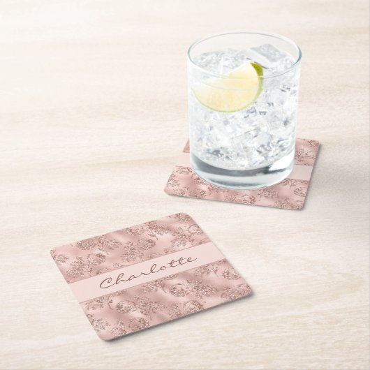 誕生日バラ金ゴールドグリッターピンク花模様モノグラム スクエアペーパーコースター (インサイチュ)