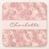 誕生日バラ金ゴールドグリッターピンク花模様モノグラム スクエアペーパーコースター (正面)
