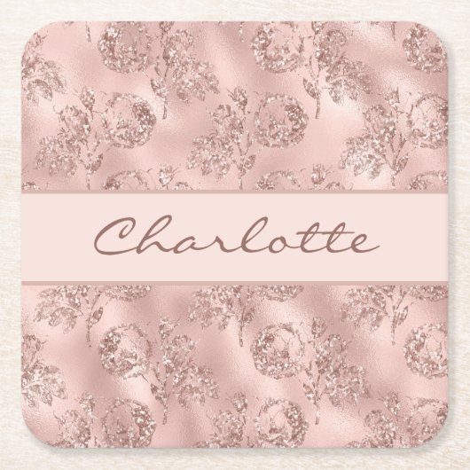 誕生日バラ金ゴールドグリッターピンク花模様モノグラム スクエアペーパーコースター (正面)