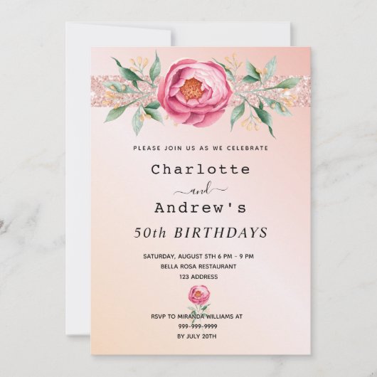 誕生日バラ金ゴールドグリッターフローラ2人 招待状 (正面)