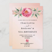 誕生日バラ金ゴールドグリッターフローラ2人 招待状 (正面/裏面)