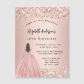 誕生日バラ金ゴールドグリッタープリンセスドレス贅沢 マグネット招待状 (正面)