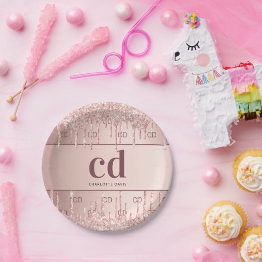 誕生日バラ金ゴールドグリッターモノグラムイニシャル名 ペーパープレート (パーティー)