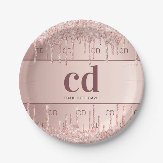 誕生日バラ金ゴールドグリッターモノグラムイニシャル名 ペーパープレート (正面)