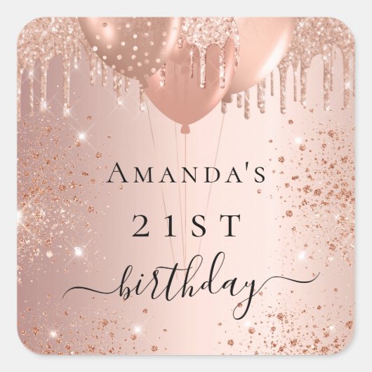 誕生日バラ金ゴールドグリッター風船ガラス スクエアシール (正面)
