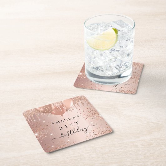誕生日バラ金ゴールドグリッター風船ガラス スクエアペーパーコースター (インサイチュ)