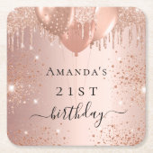 誕生日バラ金ゴールドグリッター風船ガラス スクエアペーパーコースター (正面)