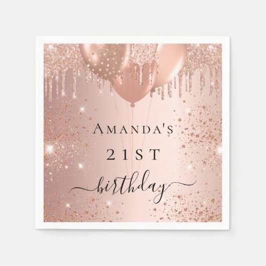 誕生日バラ金ゴールドグリッター風船ガラス スタンダードカクテルナプキン (正面)