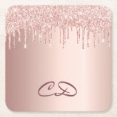 誕生日バラ金ゴールドドリップピンクのモノグラムイニシャル スクエアペーパーコースター (正面)