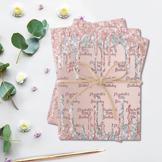 誕生日バラ金ゴールドドリップピンク銀名 ラッピングペーパーシート