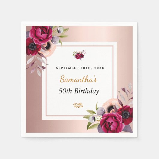 誕生日バラ金ゴールドバーガンディフローラエレガントナプキン スタンダードカクテルナプキン (正面)