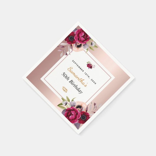 誕生日バラ金ゴールドバーガンディフローラエレガントナプキン スタンダードカクテルナプキン (角)