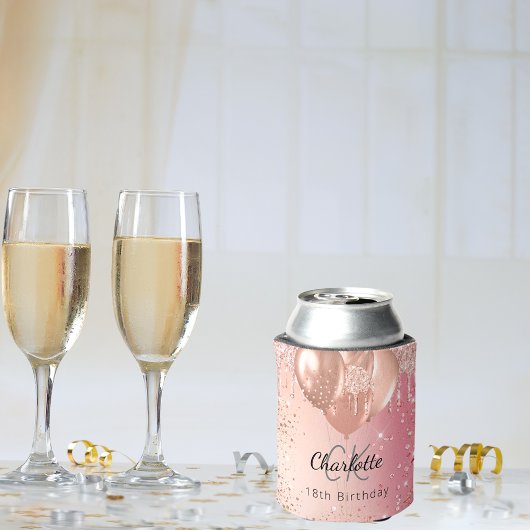 誕生日バラ金ゴールドピンクバルーズモノグラム名 缶クーラー