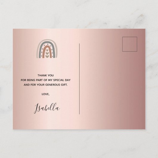 誕生日バラ金ゴールドピンクレインボー感謝していグレイ ポストカード (裏面)