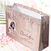 誕生日バラ金ゴールドフォトピンクドリップ ラージペーパーバッグ