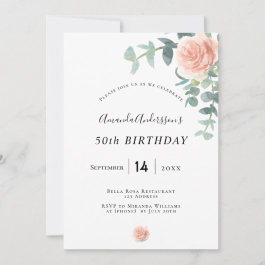 誕生日バラ金ゴールドフローラジェネリー白エレガント色 招待状 (正面)