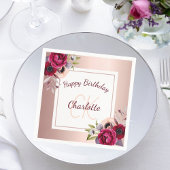 誕生日バラ金ゴールドブルゴーニュフローラモノグラムナプキン スタンダードカクテルナプキン