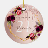 誕生日バラ金ゴールドブルゴーニュ花ドリップ セラミックオーナメント (裏面)