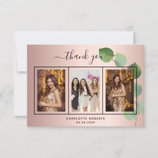 誕生日バラ金ゴールドユーカリ写真サンキューカード サンキューカード (正面)