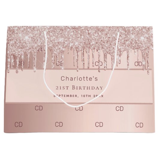 誕生日バラ金ゴールド乾燥モノグラムパターン ラージペーパーバッグ (正面)