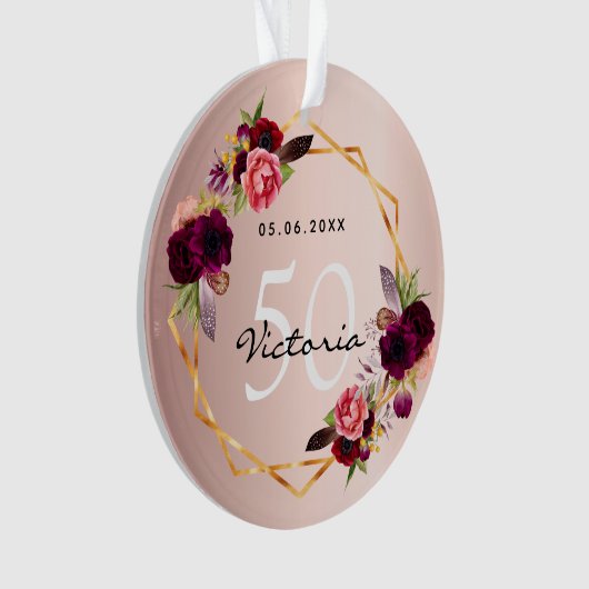 誕生日バラ金ゴールド幾何学的ブルゴーニュ花模様シック オーナメント (正面)