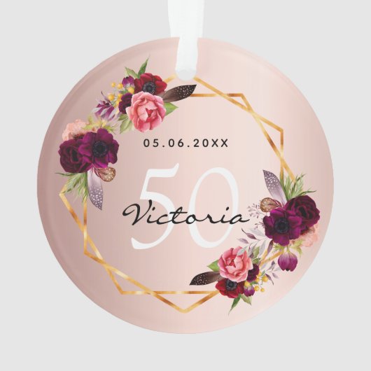 誕生日バラ金ゴールド幾何学的ブルゴーニュ花模様シック オーナメント (裏面)