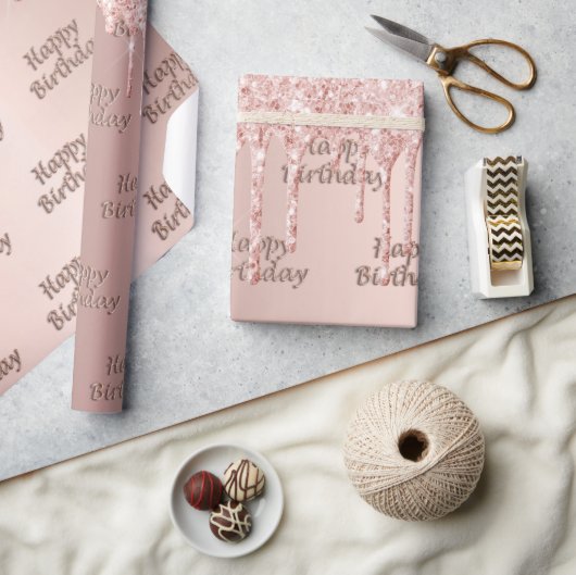 誕生日バラ金ゴールド滴下 ラッピングペーパー (クラフト)