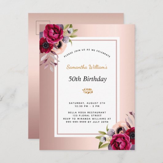 誕生日バラ金ゴールド燃焼フローラ インビテーションポストカード (正面/裏面)