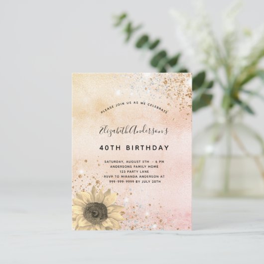 誕生日バラ金ゴールド素朴ひまわりグリッター粉 インビテーションポストカード (スタンド正面)