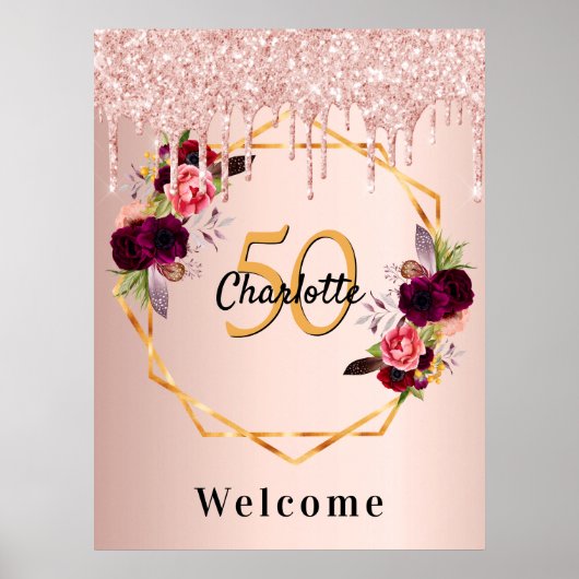 誕生日バラ金ゴールド花模様グリッターgeoウェルカム ポスター (正面)