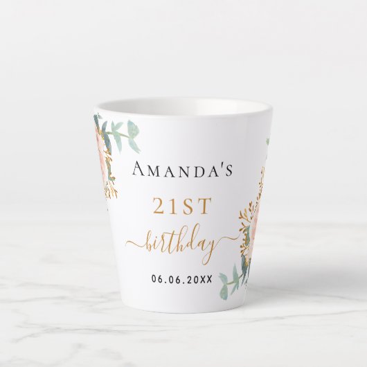 誕生日バラ金ゴールド花模様ユーカリ名 カフェラテマグ (正面)